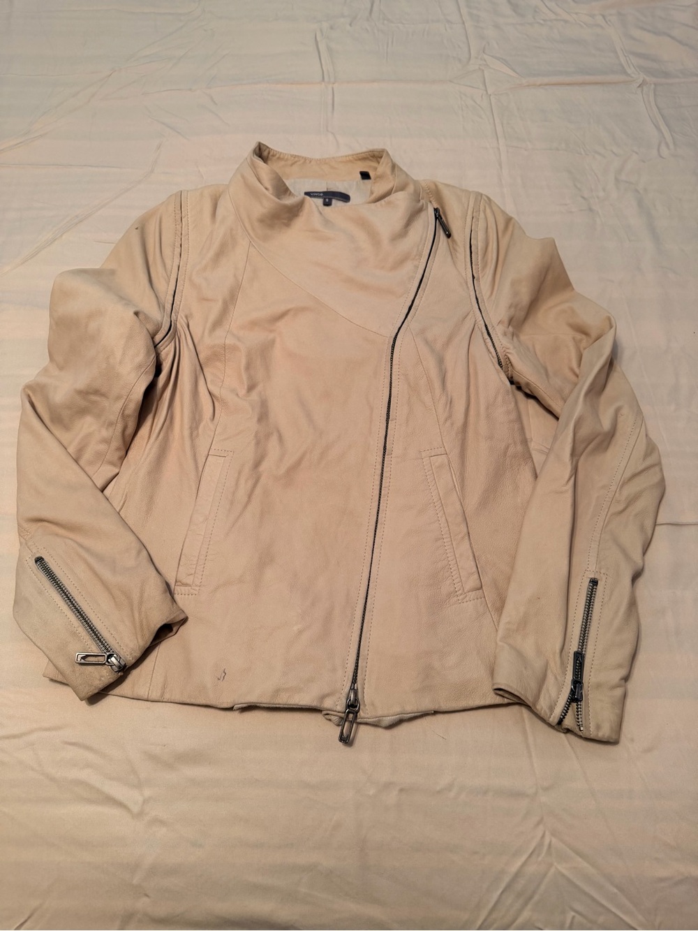 Vince Cream Beige Asymmetrical Zipper Leather Bomber Jacket
